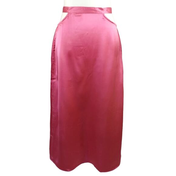 R WeWoreWhat Womens Hot Pink Satin Charmeuse Cut Out Waist Tie Midi Skirt NWT S - Picture 1 of 12